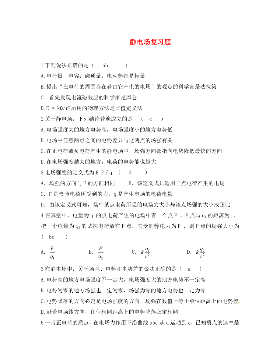 浙江省臨海市杜橋中學(xué)2020學(xué)年高二物理下學(xué)期 靜電場復(fù)習(xí)題學(xué)業(yè)水平考試練習(xí)_第1頁