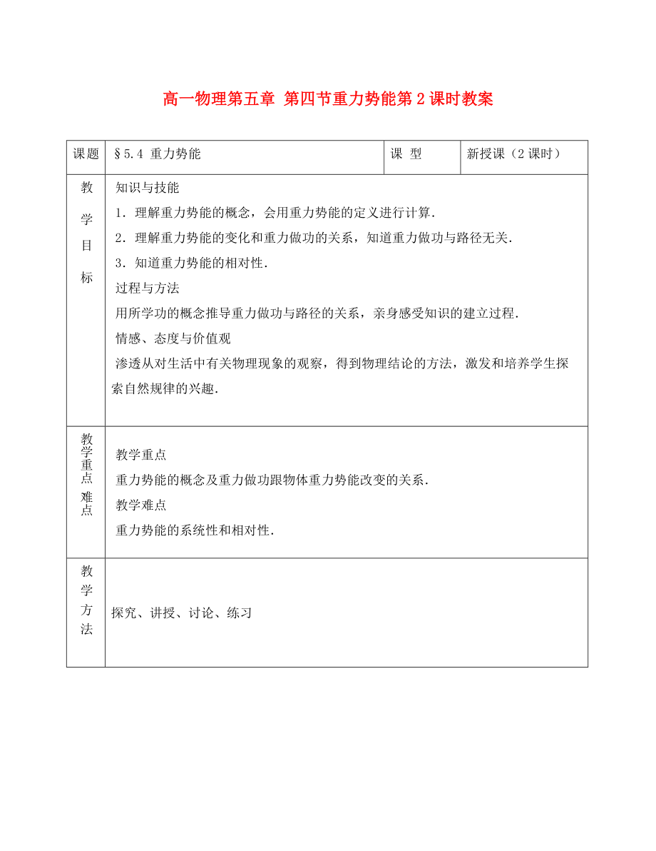 高一物理第五章 第四節(jié)重力勢能第2課時教案 新課標 人教版 必修2_第1頁