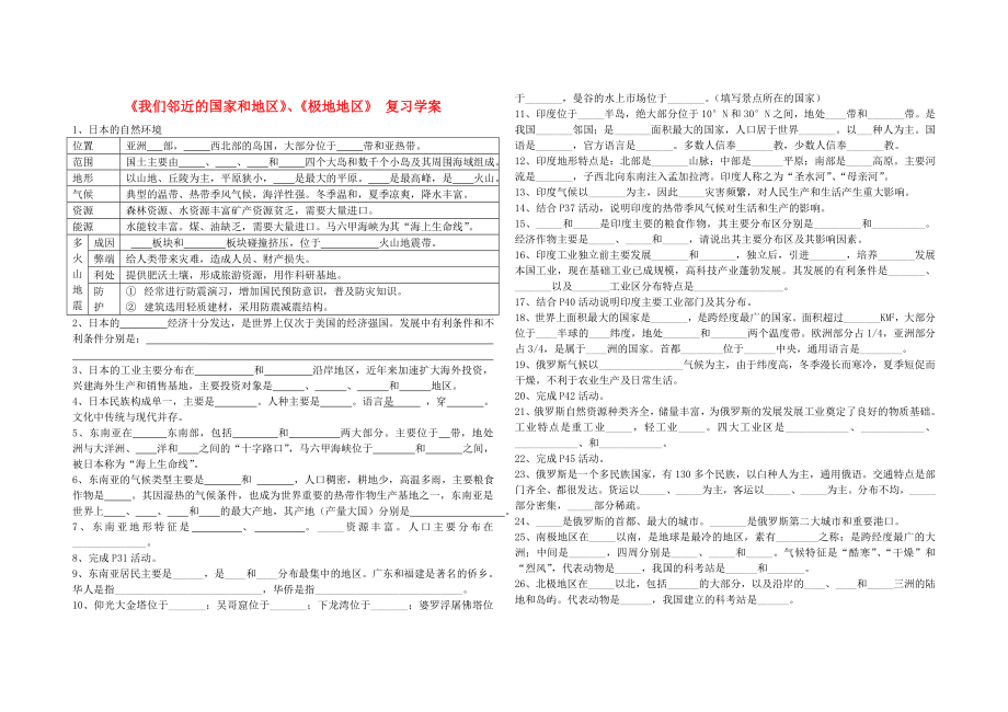 九年級物理 《我們鄰近的國家和地區(qū)》《極地地區(qū)》 復習學案（無答案） 人教新課標版_第1頁