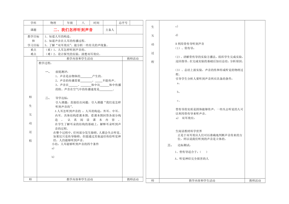 八年級物理上冊 二、我們怎樣聽到聲音教案 人教新課標(biāo)版_第1頁