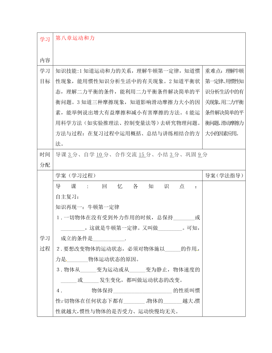 陕西省山阳县色河中学八年级物理下册《第八章 运动和力》复习导学案（无答案）（新版）新人教版_第1页