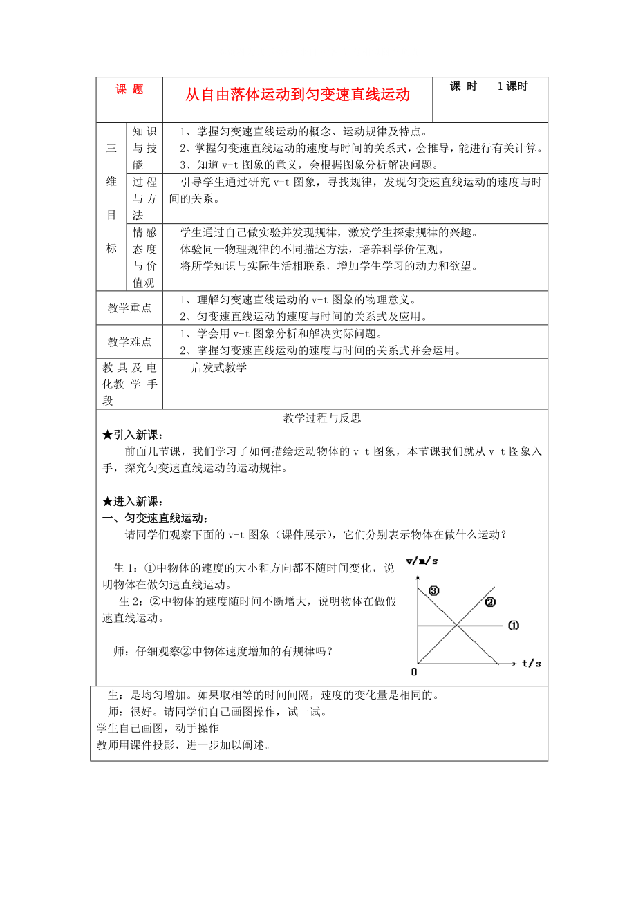 2021高中物理 2.3從自由落體到勻變速直線運(yùn)動(dòng)2教案 粵教版必修1_第1頁