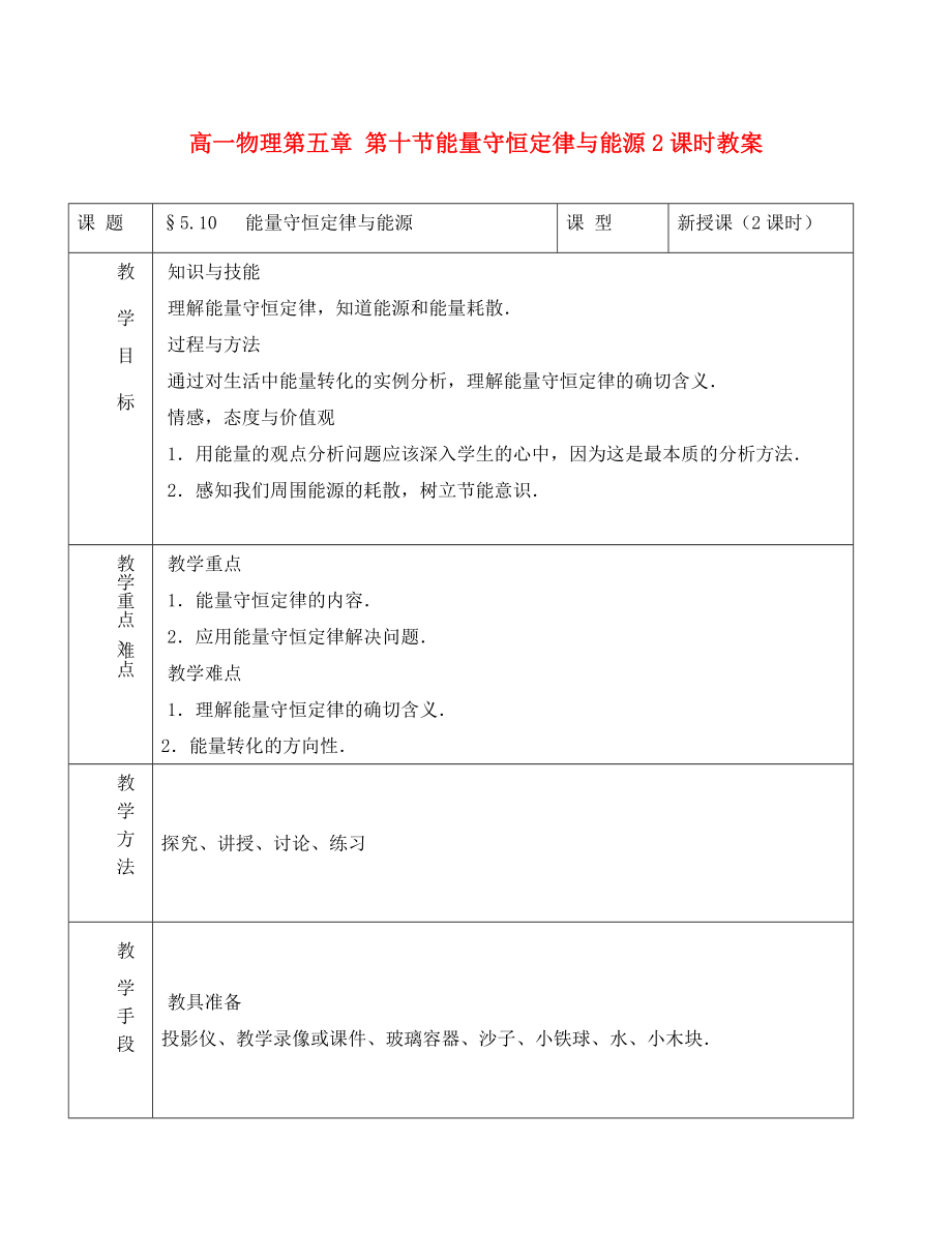 高一物理第五章 第十節(jié)能量守恒定律與能源2課時(shí)教案 新課標(biāo) 人教版 必修2_第1頁