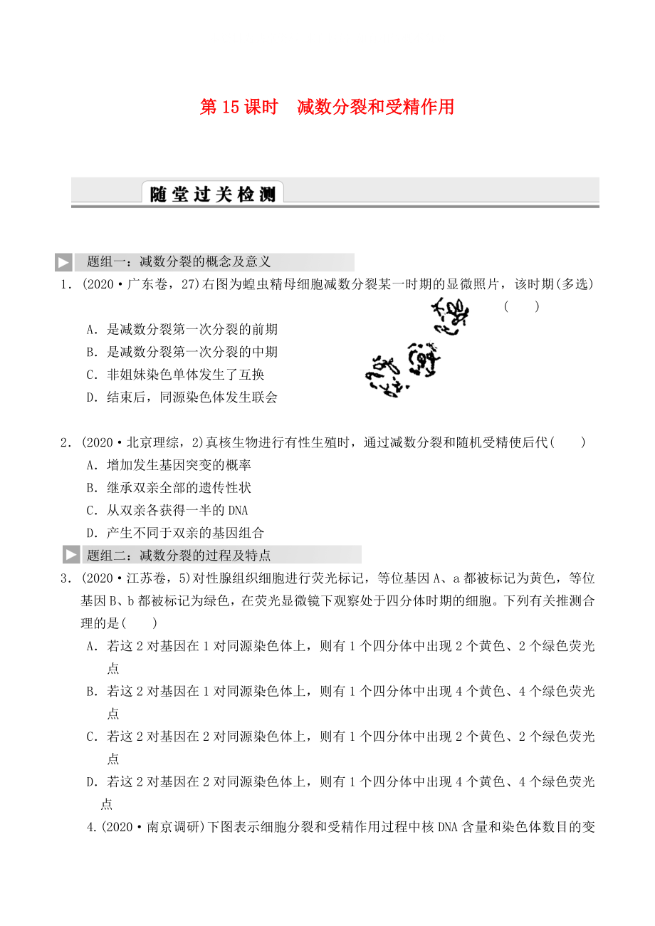 2021高考生物一輪復(fù)習(xí) 精編練習(xí)資料 第15課時(shí) 減數(shù)分裂和受精作用 新人教版必修1_第1頁