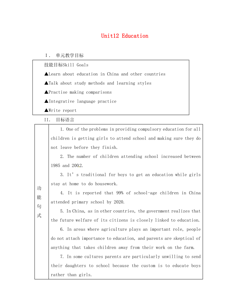 高三英语 Unit12 Education教案 大纲人教版_第1页