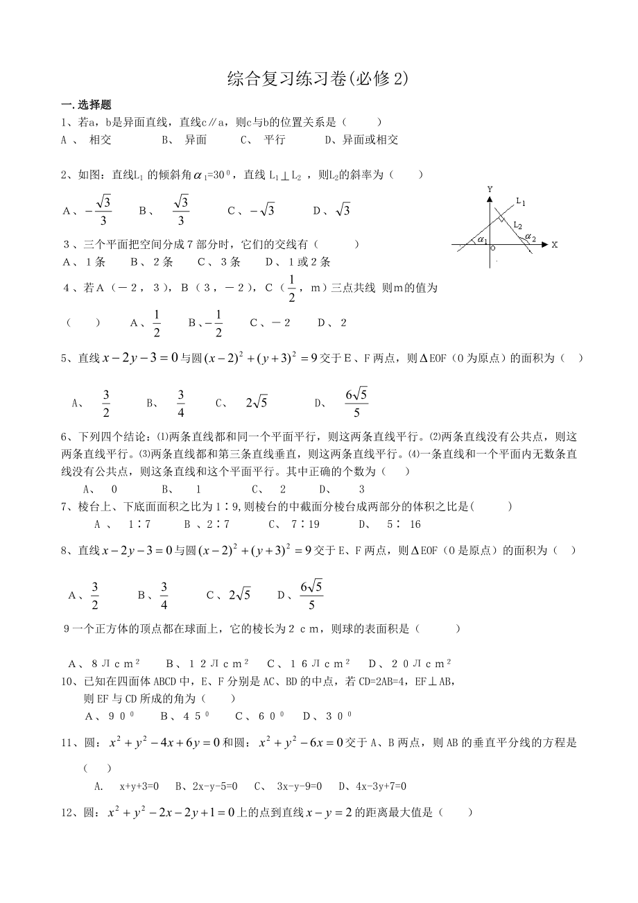 高中數(shù)學(xué)綜合復(fù)習(xí)練習(xí)卷1 新課標(biāo) 人教版 必修2(A)_第1頁