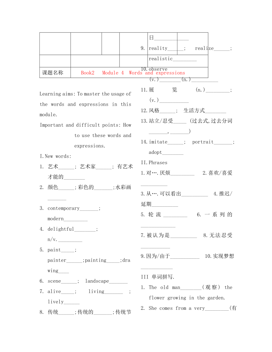 2020高中英語 Module4 Fine Arts Words and expressions學案 外研版必修2_第1頁