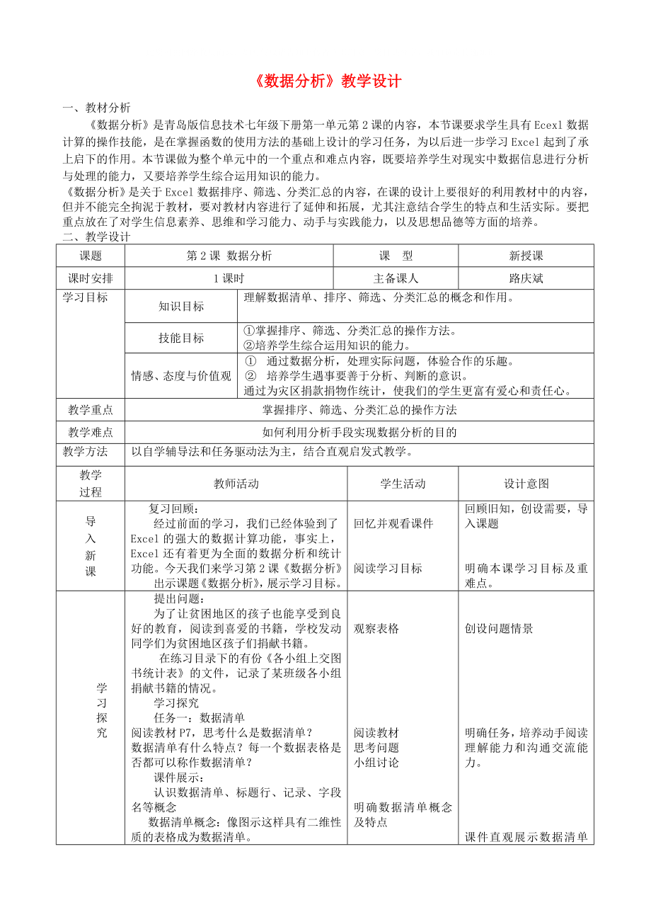 七年級信息技術(shù)下冊 第2課數(shù)據(jù)分析教學(xué)設(shè)計 青島版_第1頁