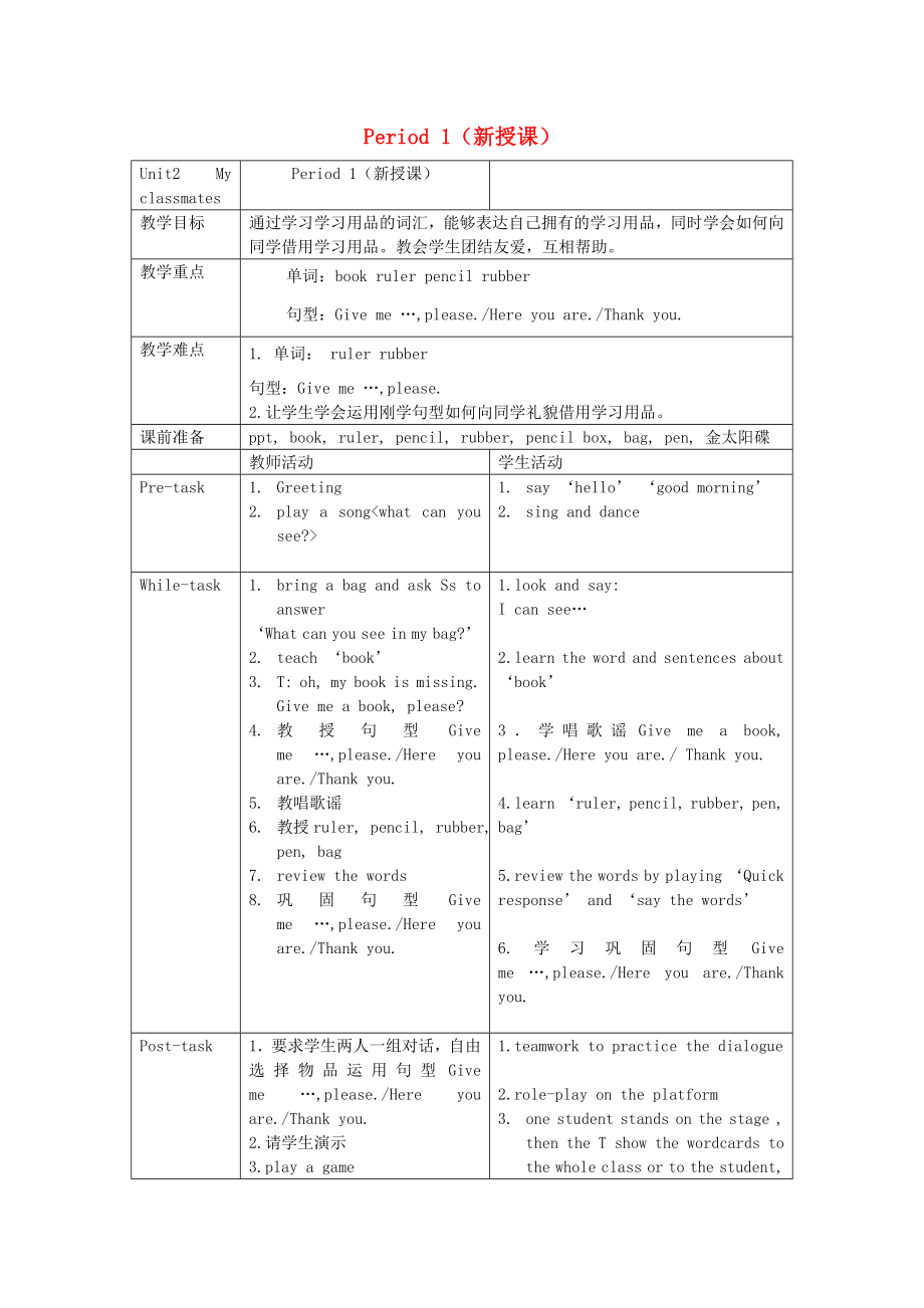 一年级英语上册 Unit 2 My classmates教案 沪教牛津版（通用）_第1页