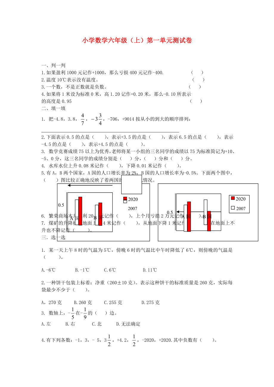 六年級(jí)數(shù)學(xué)上冊(cè) 第一單元測(cè)試卷（無答案）_第1頁