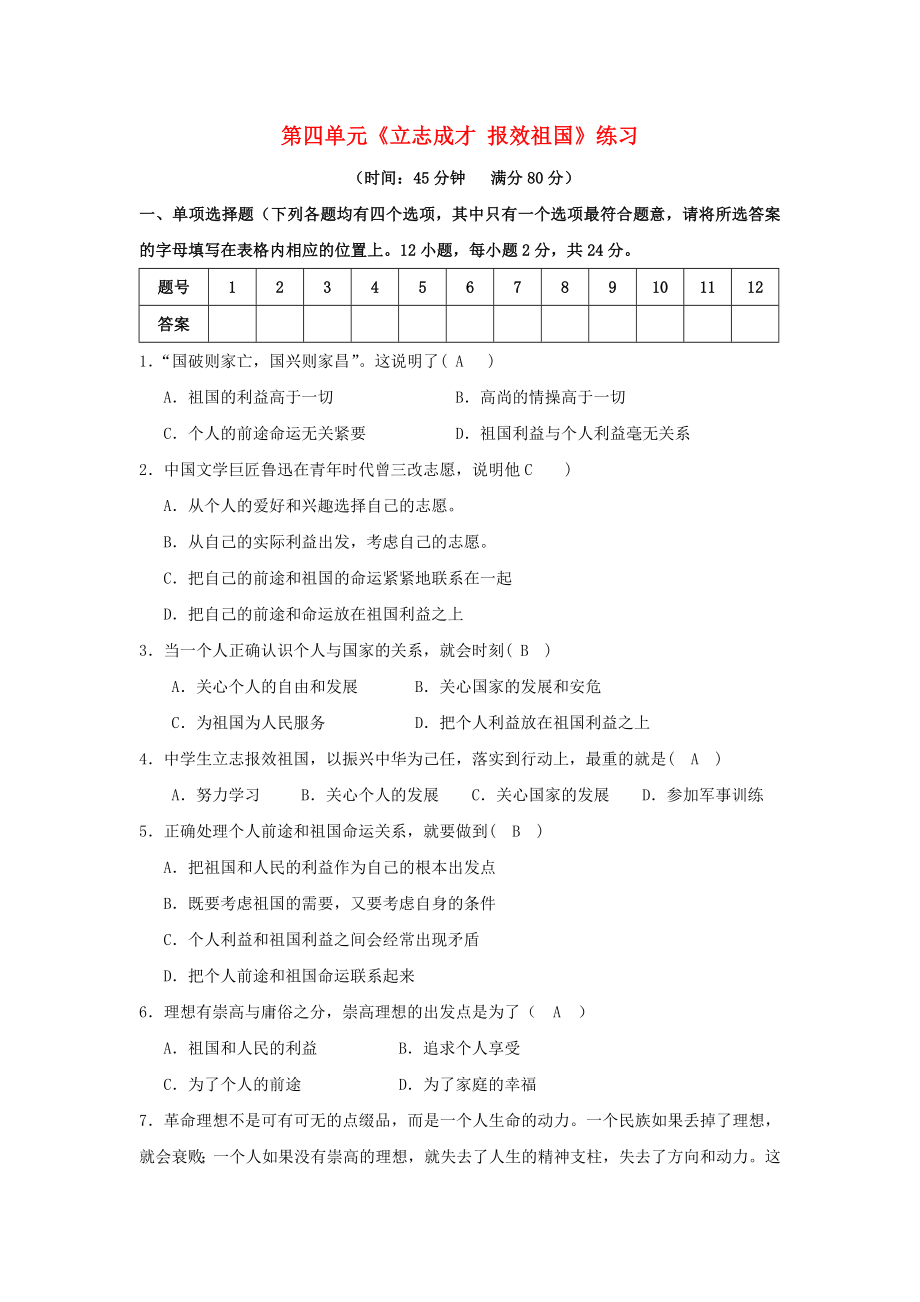 九年級(jí)政治 第四單元《立志成才 報(bào)效祖國》練習(xí) 粵教版_第1頁