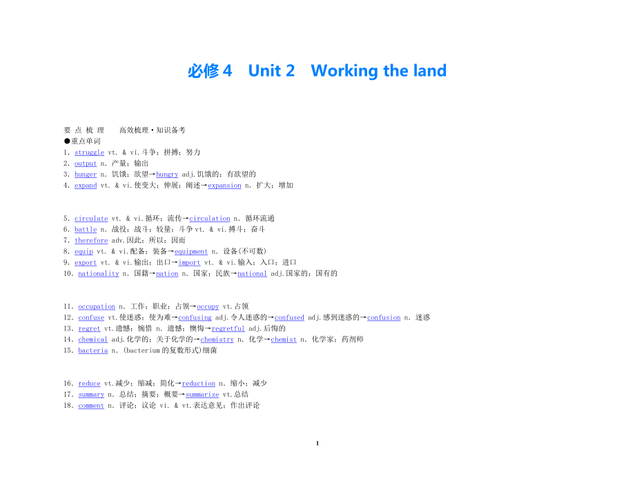 2021年高考英語 Unit 2 Working the land要點(diǎn)梳理+重點(diǎn)突破教案 新人教版必修4_第1頁(yè)