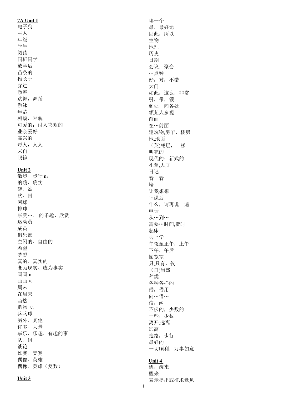 新译林版牛津英语7A9B单词表汉语默写试卷教案_第1页