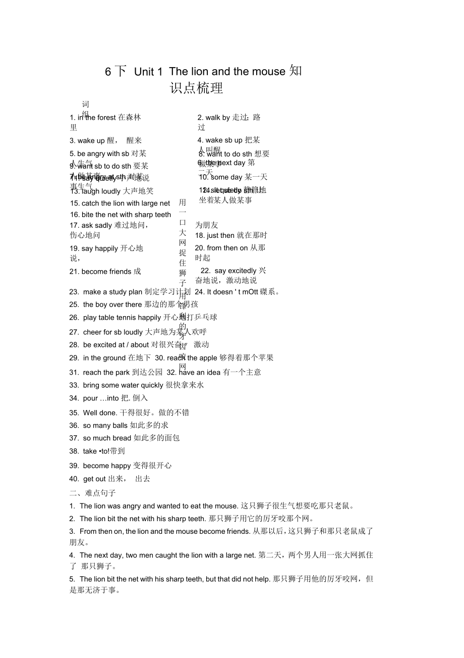 译林版6B六下英语Unit1知识点含词组句子语法和练习全套_第1页