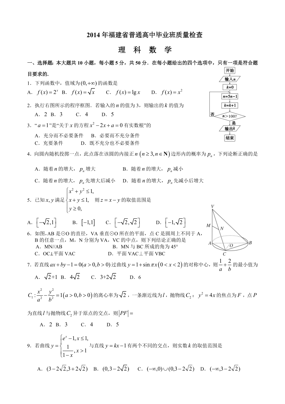 【福建省質(zhì)檢】福建省高三普通高中畢業(yè)班4月質(zhì)檢數(shù)學(xué)理試題 Word版含答案_第1頁