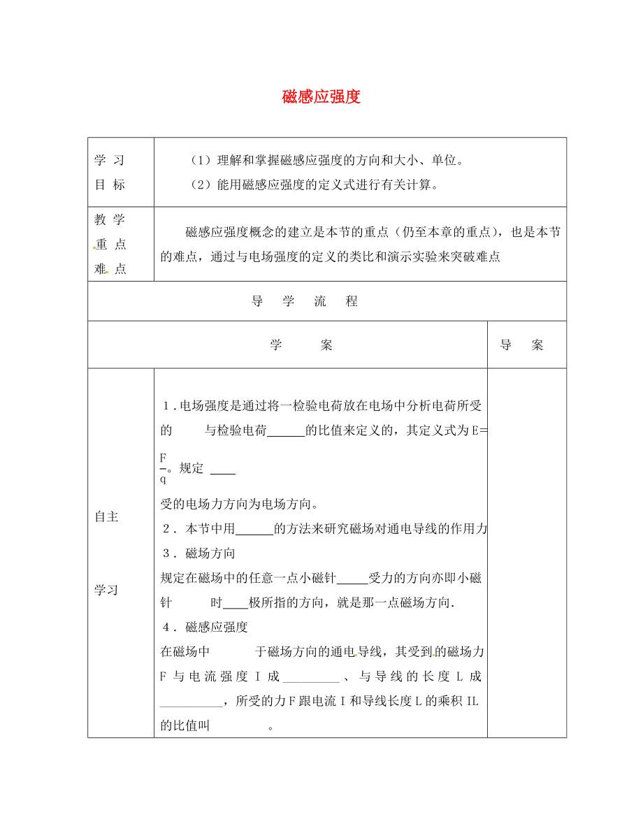 黑龙江省东方红林业局高级中学高中物理 3.2 磁感应强度导学案（无答案）新人教版选修3-1_第1页