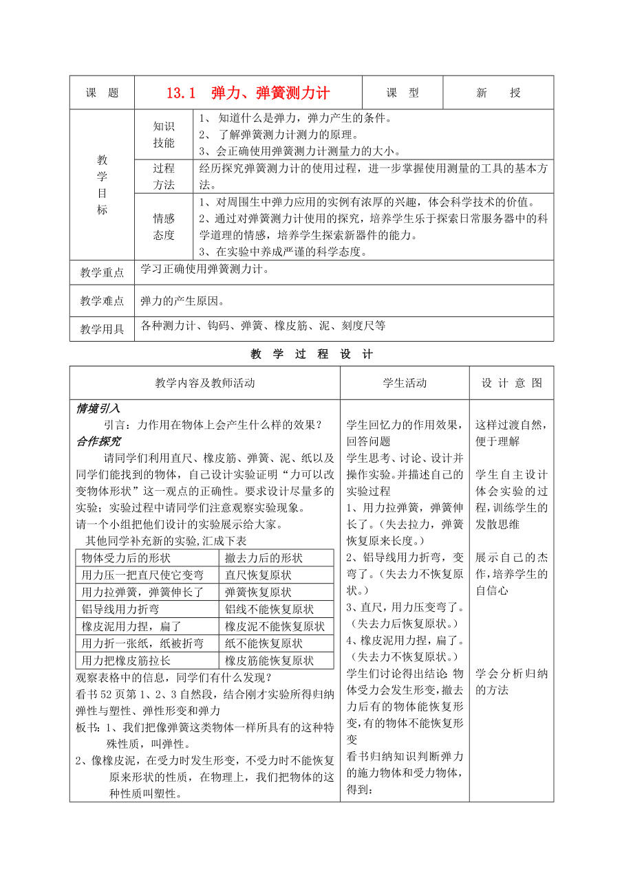 九年級物理上冊 第十三章 第一節(jié) 彈力、彈簧測力計教案 人新課標教版_第1頁