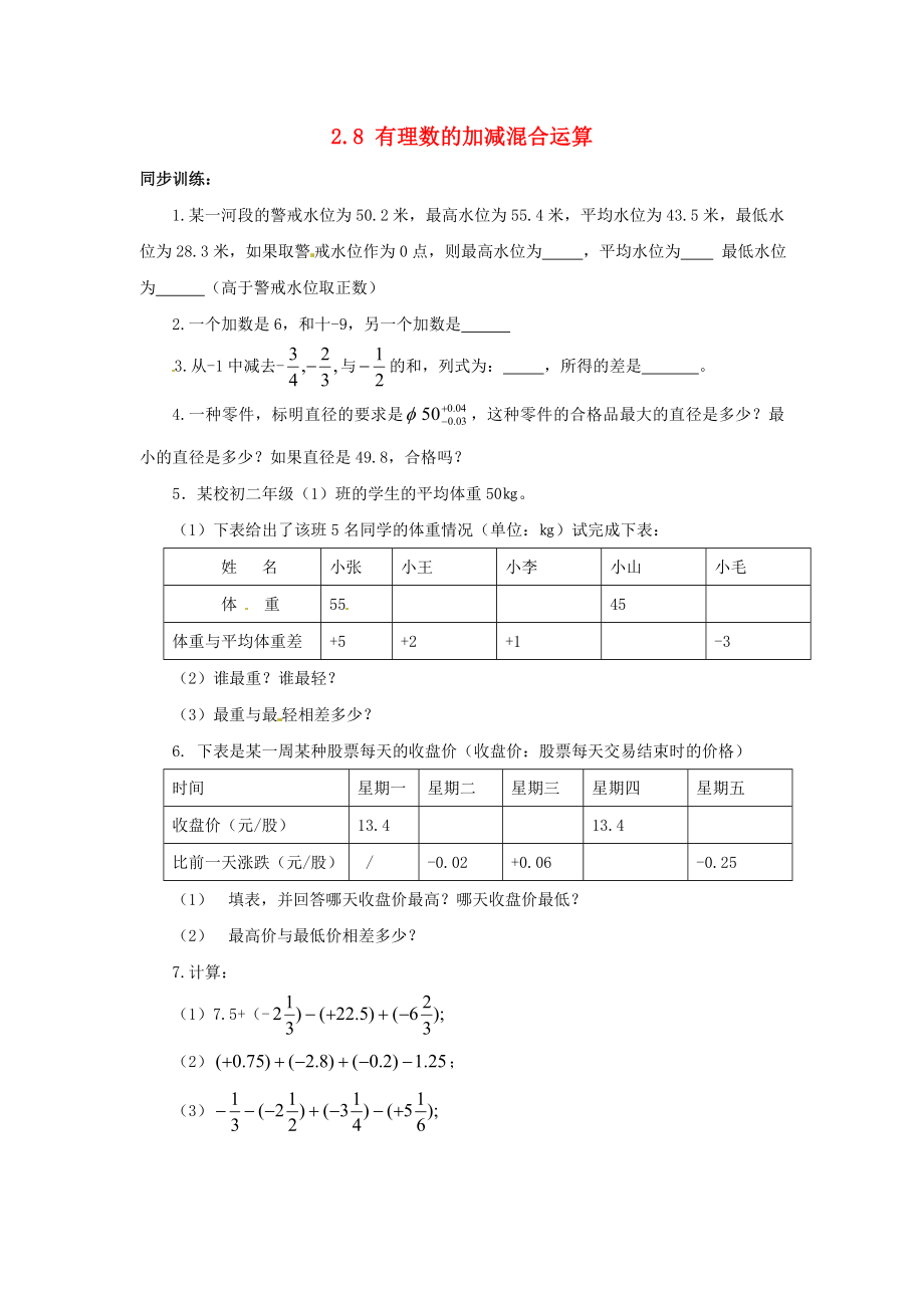 七年級(jí)數(shù)學(xué)上冊(cè) 有理數(shù)的加減混合運(yùn)算同步練習(xí) 華東師大版_第1頁