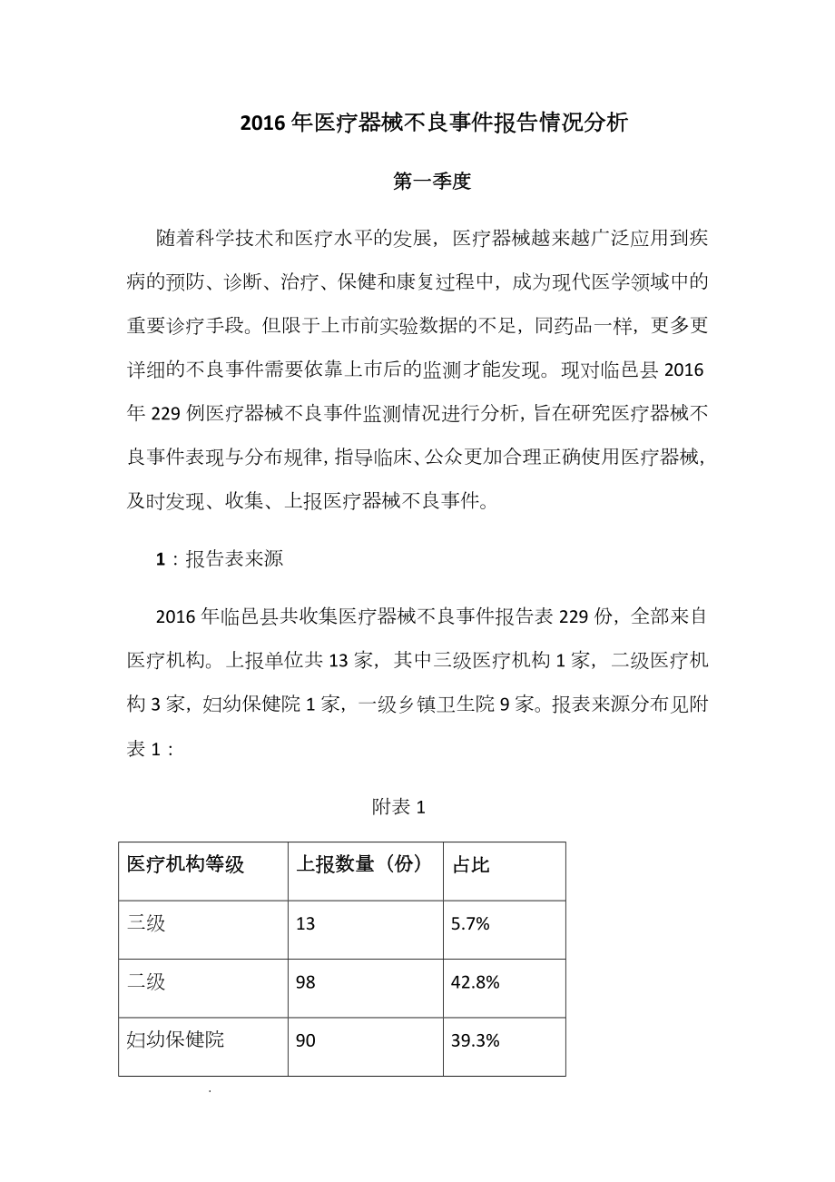 第一季度 2016年醫(yī)療器械不良事件報告情況分析.doc_第1頁