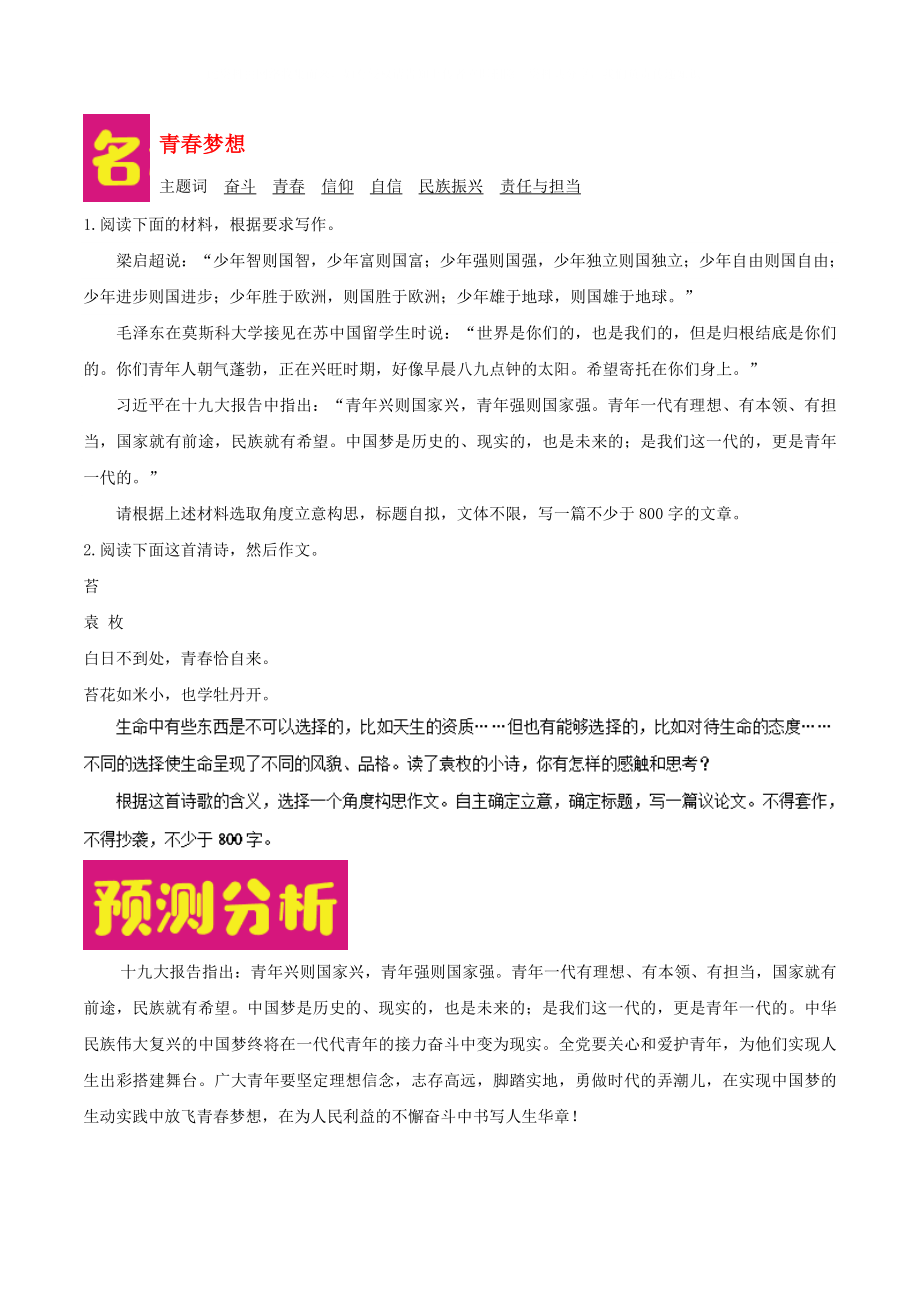 2020年高考語文 作文熱點(diǎn)預(yù)測分析及范文示例 青春夢想_第1頁