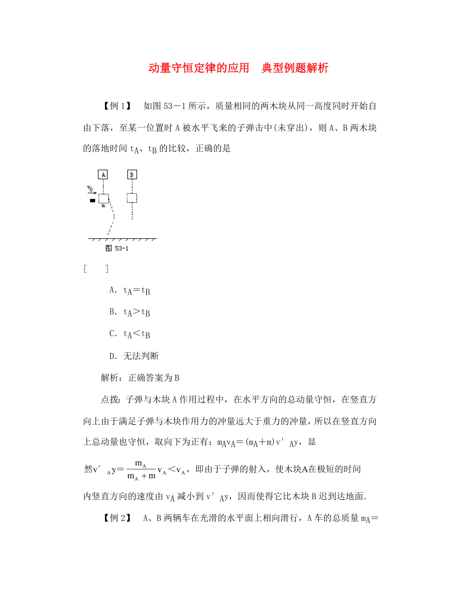 高二物理 動量守恒定律的應(yīng)用 典型例題解析_第1頁