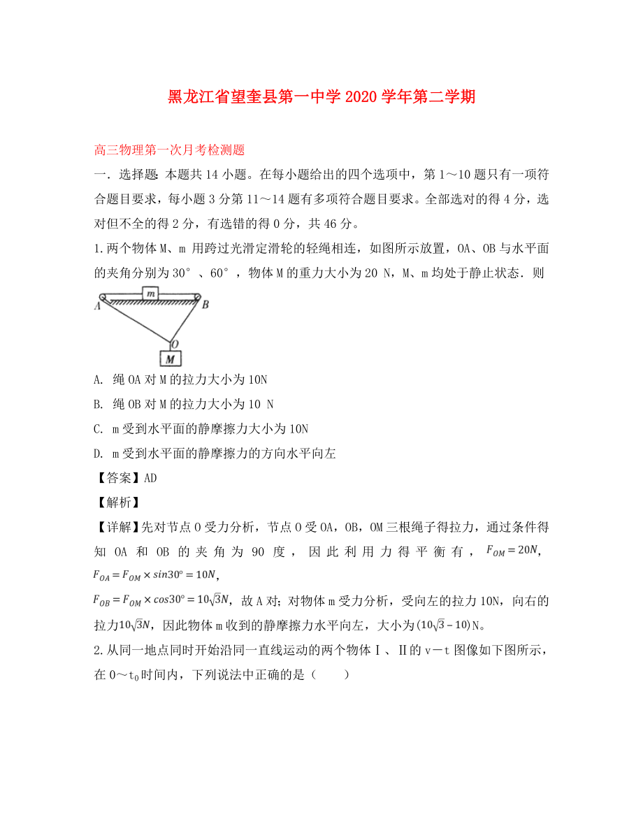 黑龙江省望奎县第一中学2020届高三物理下学期第一次月考检测试题（含解析）_第1页