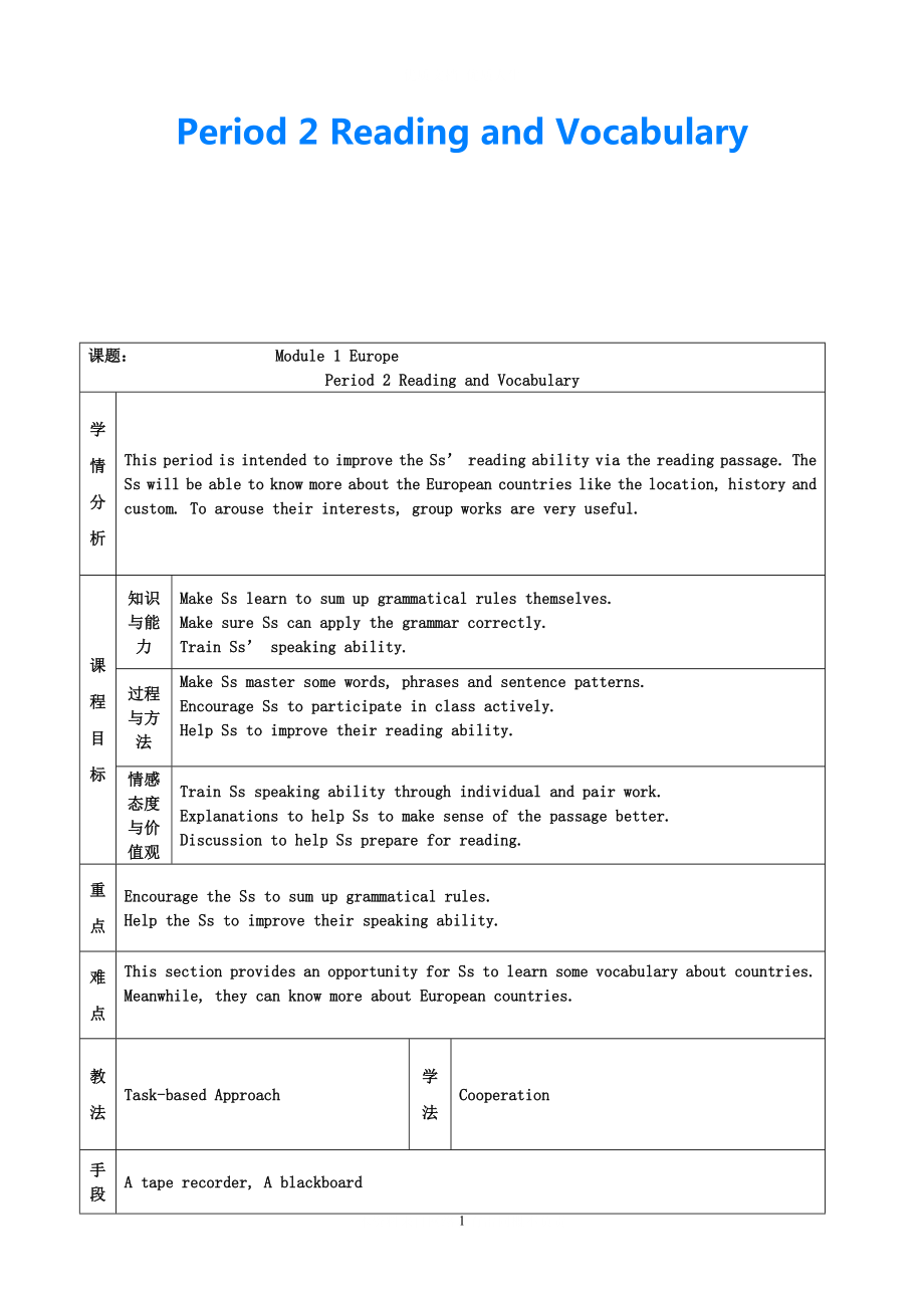 2021年春高中英語 Module1 Period 2 Reading and Vocabulary教案 必修3 新課標_第1頁