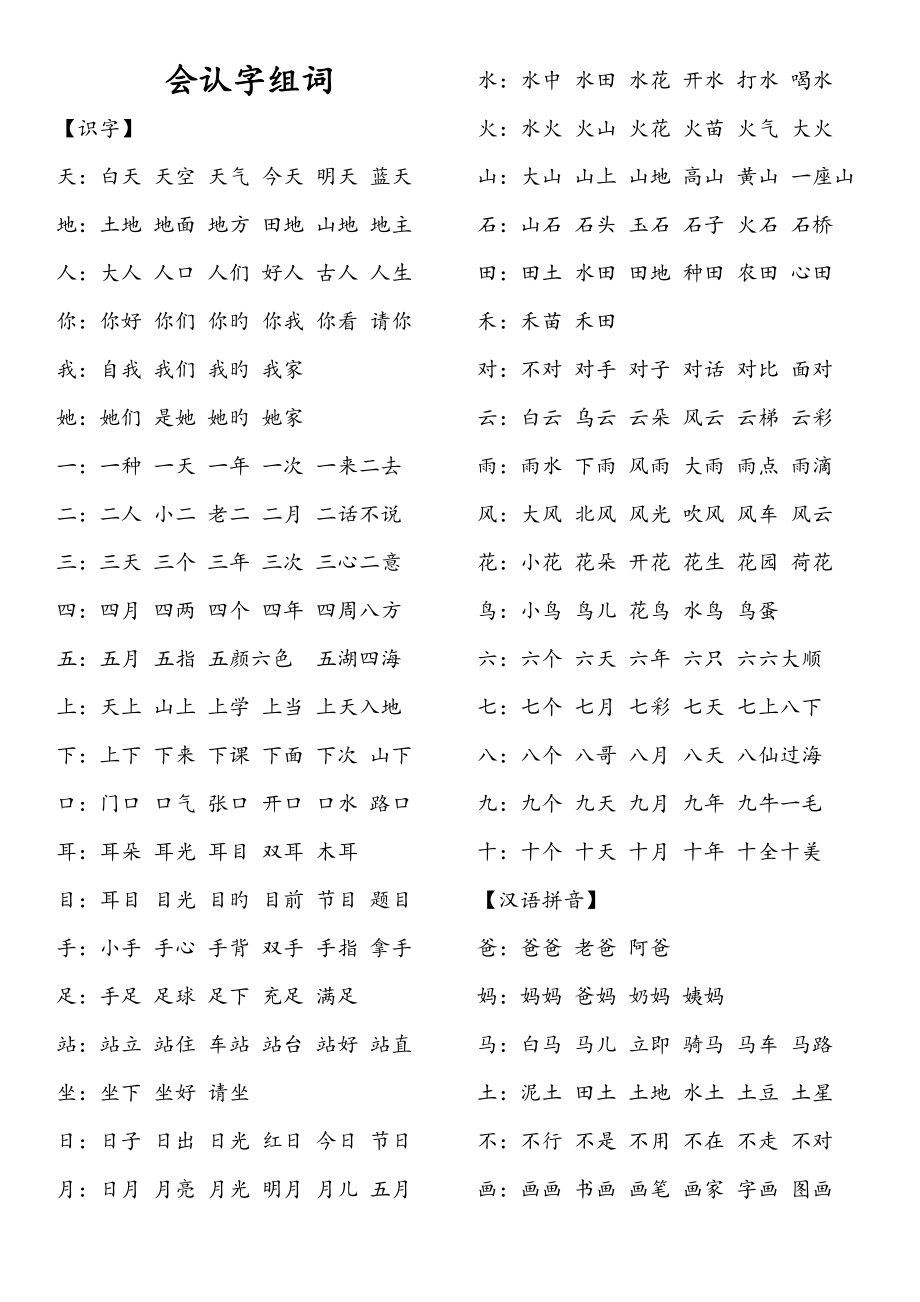 2022部編教材一年級(jí)上冊(cè)會(huì)認(rèn)字組詞全冊(cè)_第1頁