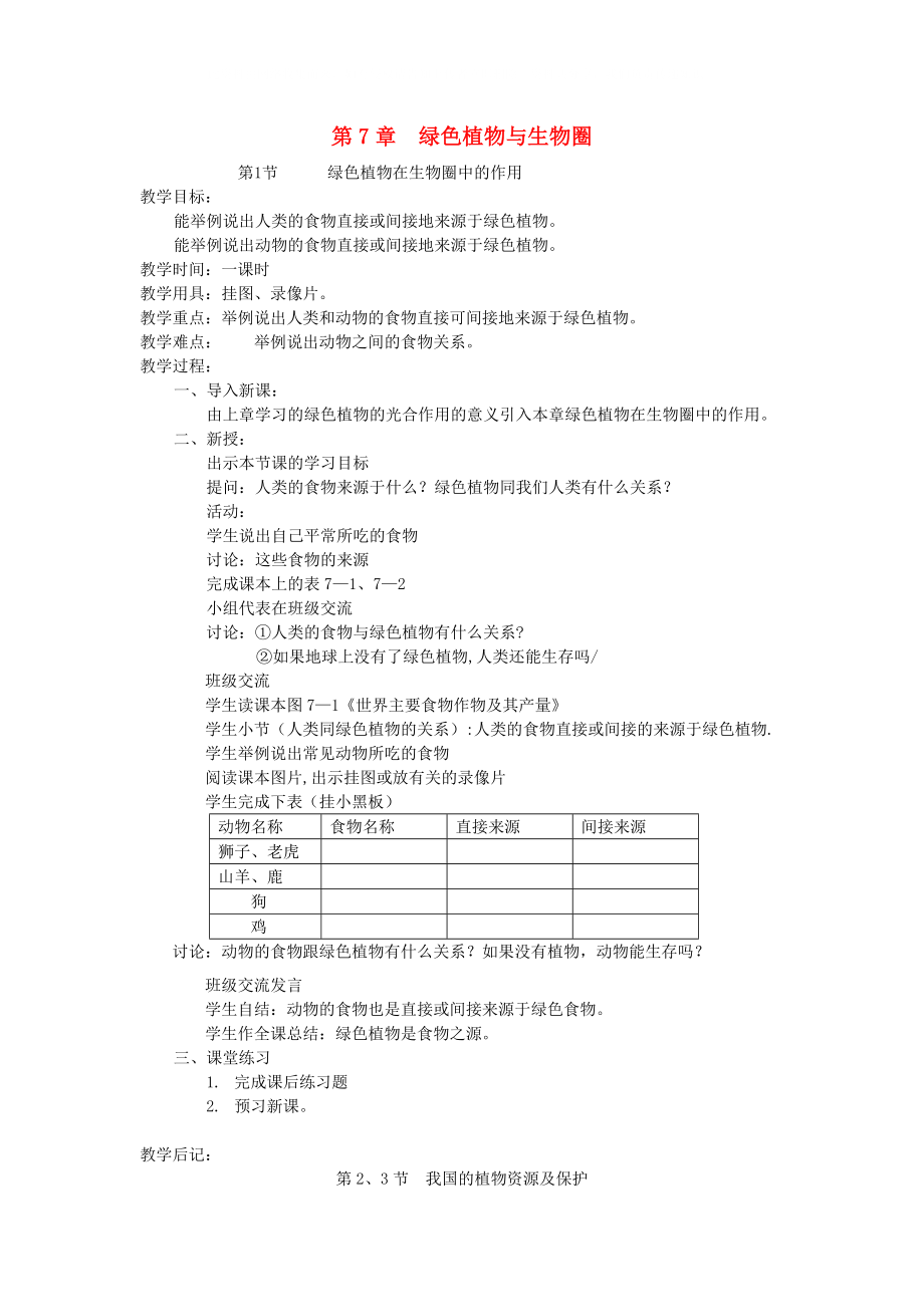 七年級生物上冊 第7章《綠色植物與生物圈》教案 北師大版[1]_第1頁