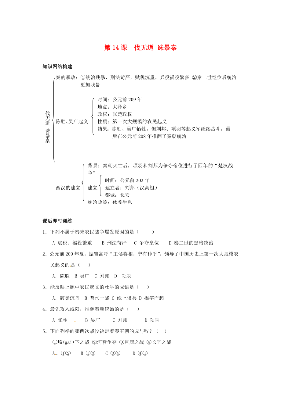 七年級(jí)歷史上冊 第14課《伐無道 誅暴秦》同步測試 岳麓版_第1頁