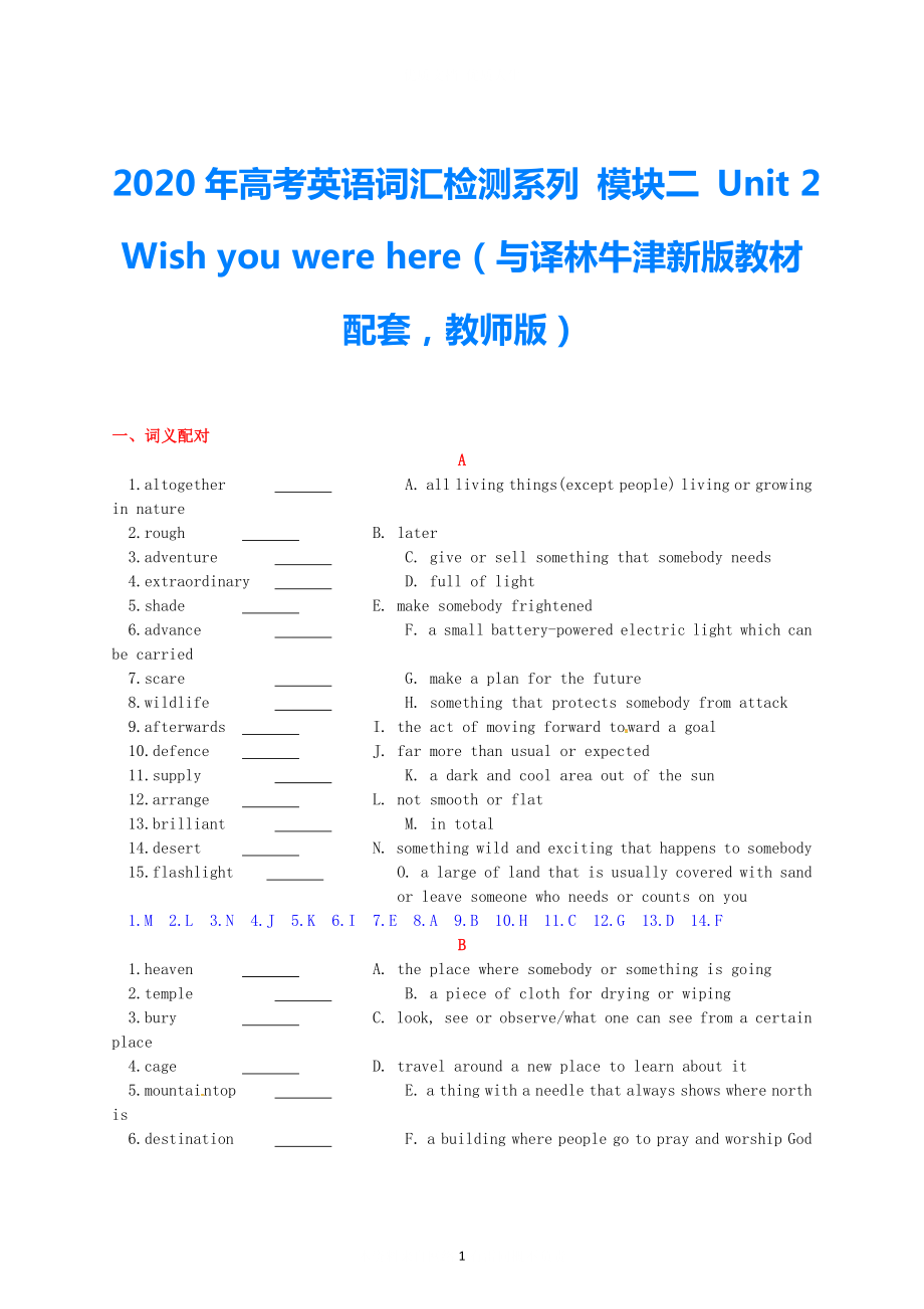 2021年高考英語 新教材配套詞匯檢測系列 模塊二 Unit 2 Wish you were here（教師版） 譯林牛津版_第1頁