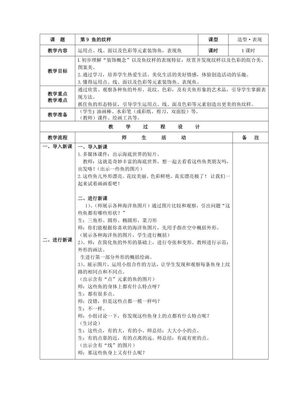四年级上册美术教案 - 第9课鱼的纹样 苏少版 (2)_第1页
