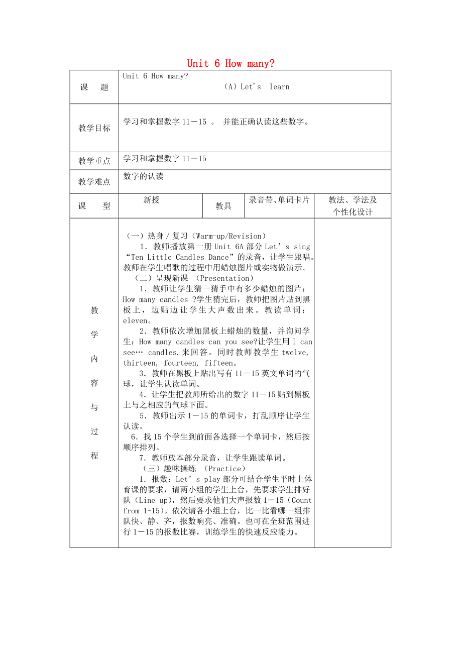 2020三年級(jí)英語(yǔ)下冊(cè)《Unit 6 How many》（第2課時(shí)）教案 人教PEP_第1頁(yè)