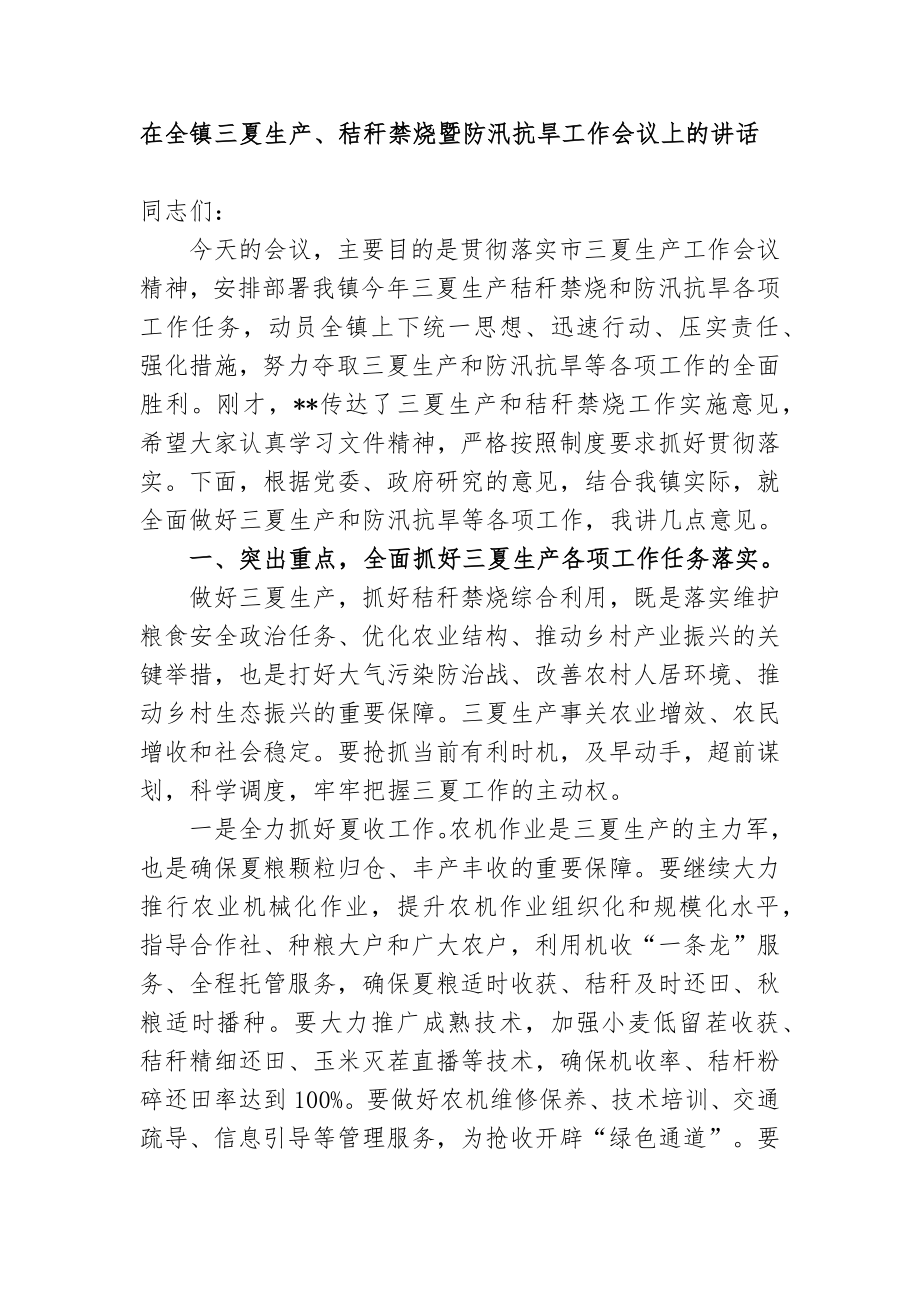 2022鄉(xiāng)鎮(zhèn)黨委書記在全鎮(zhèn)三夏生產(chǎn)、秸稈禁燒暨防汛抗旱工作會議上的講話_第1頁