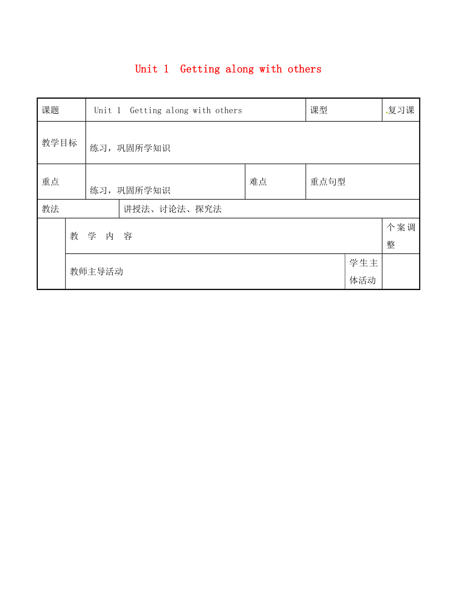 江蘇省新沂市第二中學(xué)高三英語 專題復(fù)習(xí) Unit 1 Getting along with others（第5課時(shí)）教案 牛津譯林版必修5_第1頁