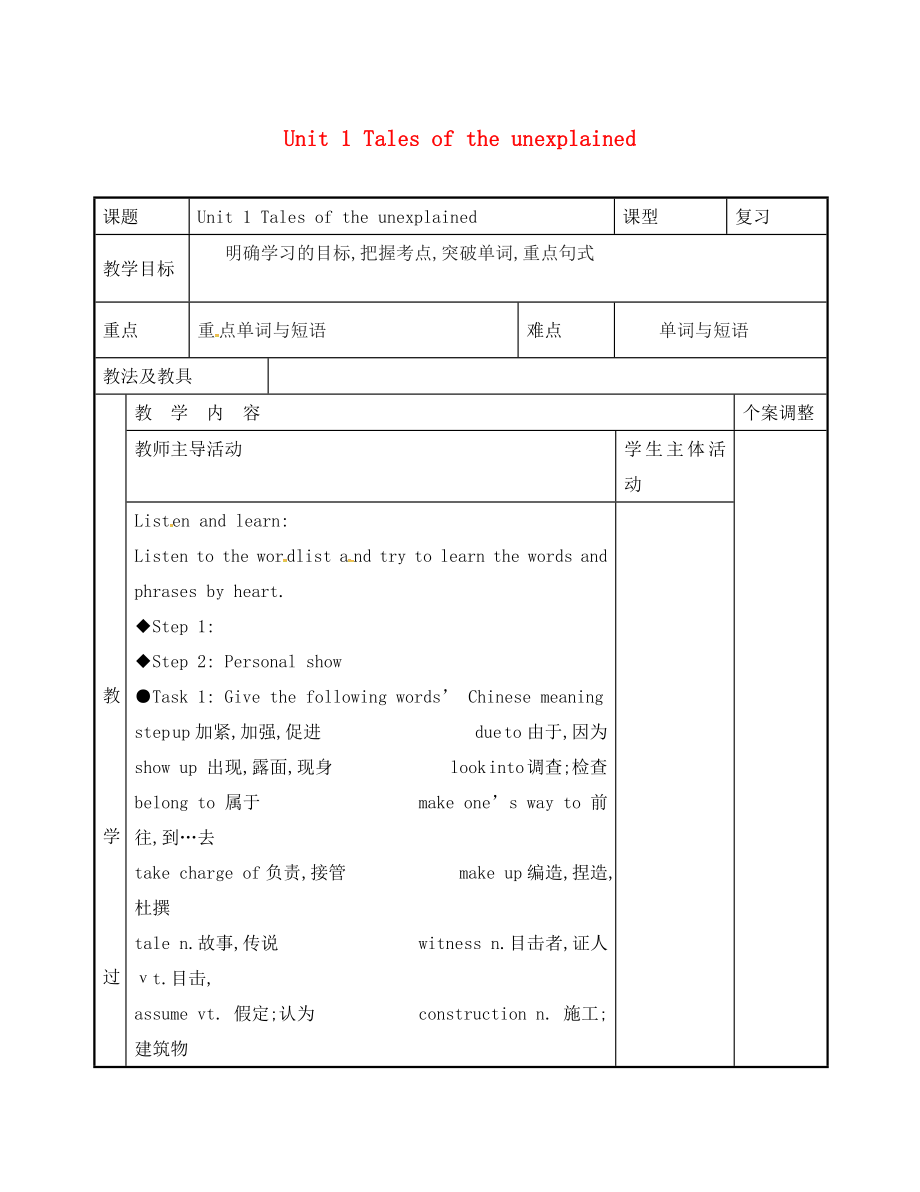 江蘇省新沂市第二中學(xué)高三英語 專題復(fù)習(xí) Unit 1 Tales of the unexplained（第1課時）教案 牛津譯林版必修2_第1頁