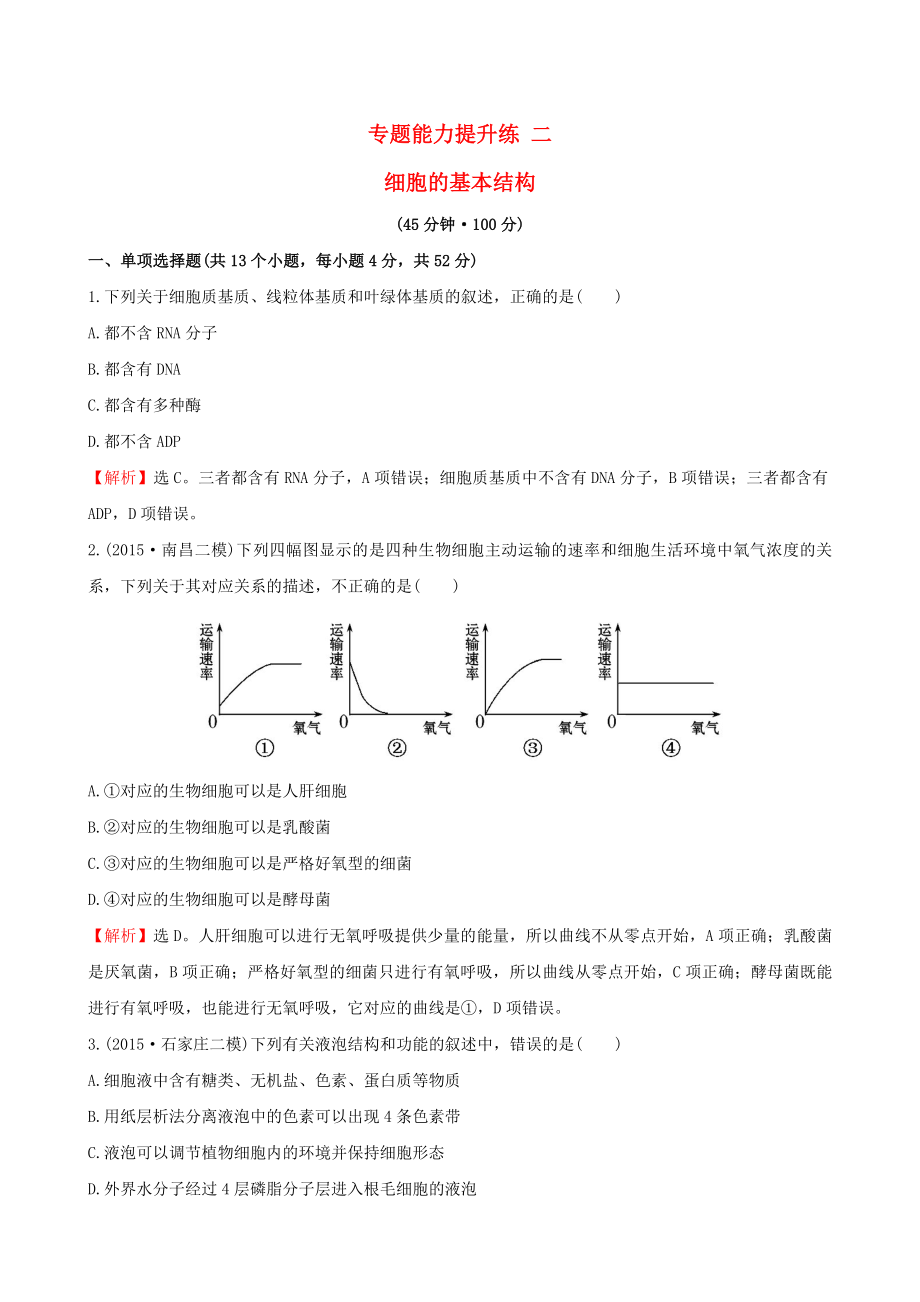 世纪金榜2016届高考生物二轮复习 专题能力提升练2 细胞的基本结构_第1页