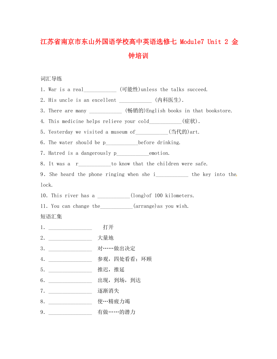 江蘇省南京市東山外國語學校高中英語 Module7 Unit 2 金鐘培訓 選修7_第1頁