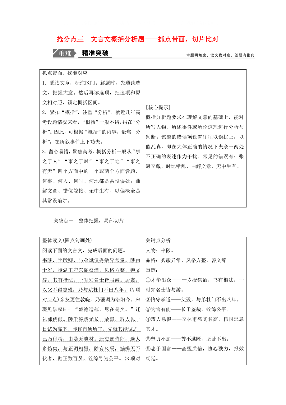 2020年高考语文高分技巧二轮复习 专题五 抢分点三 文言文概括分析题讲义（含解析）_第1页