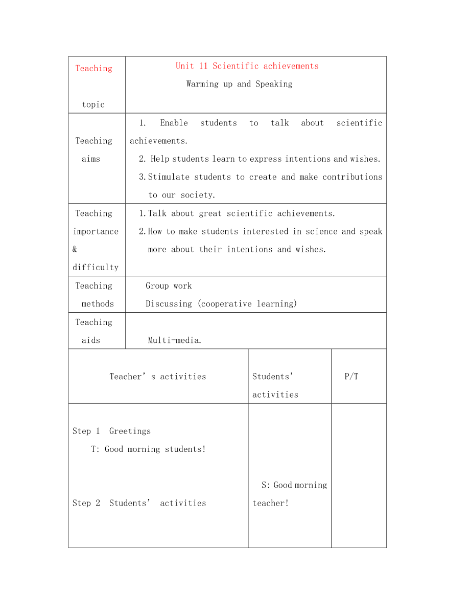 山西省陽泉市蔭營中學(xué)高考英語 Unit 11 Scientific achievements復(fù)習(xí)教案 新人教版_第1頁