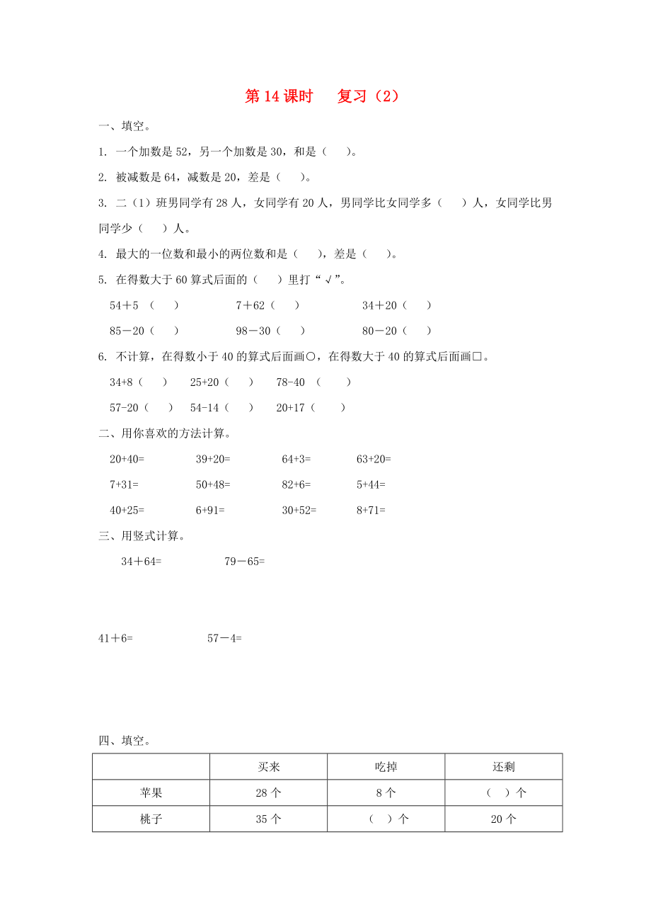 2020年一年級(jí)數(shù)學(xué)下冊(cè) 第四單元 100以內(nèi)的加法和減法（一）第14課時(shí) 復(fù)習(xí)（無答案） 蘇教版_第1頁