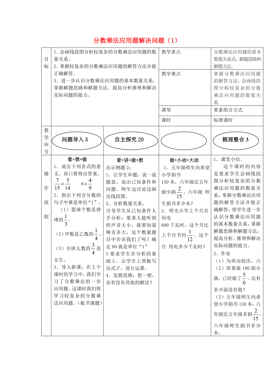 2020年秋六年級(jí)數(shù)學(xué)上冊(cè) 2 分?jǐn)?shù)乘法 應(yīng)用題解決問(wèn)題教案1 新人教版_第1頁(yè)