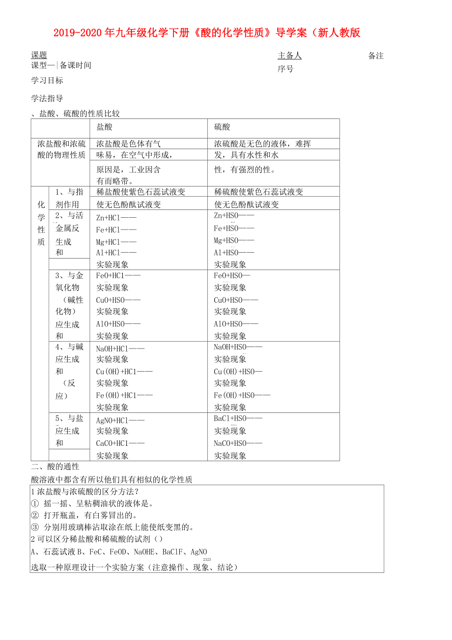 2019-2020年九年級(jí)化學(xué)下冊(cè)《酸的化學(xué)性質(zhì)》導(dǎo)學(xué)案( 新人教版_第1頁(yè)