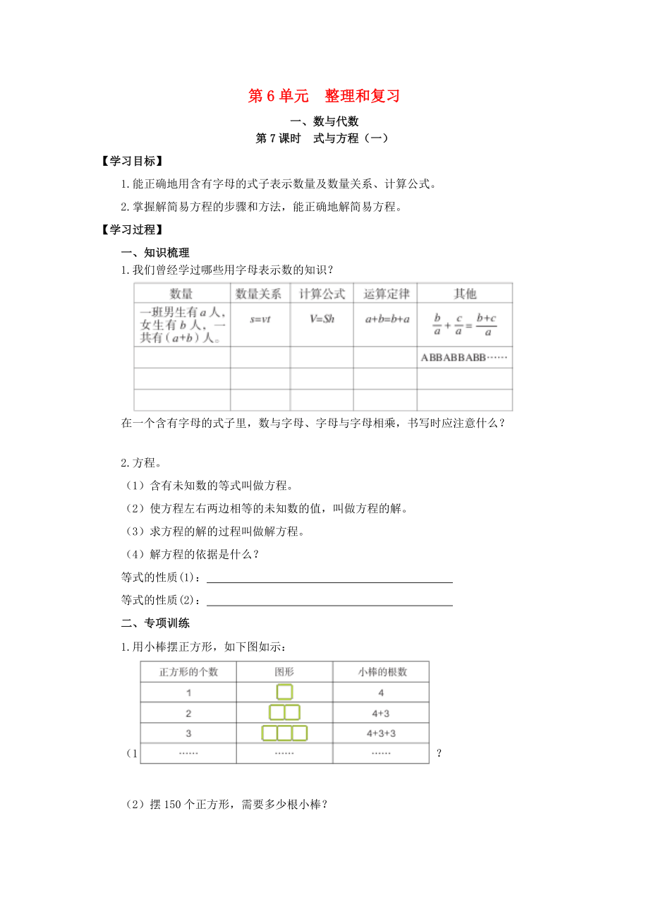 2020年春六年級數(shù)學(xué)下冊 第6單元 整理與復(fù)習(xí) 1 數(shù)與代數(shù) 第7課時 式與方程（一）導(dǎo)學(xué)案（無答案） 新人教版_第1頁