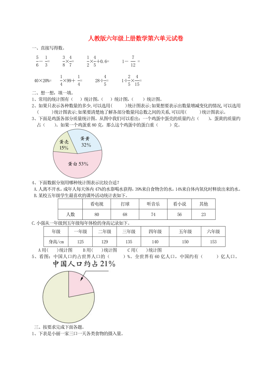 2020學(xué)年六年級數(shù)學(xué)上冊 第6單元 試卷1（無答案） 新人教版_第1頁