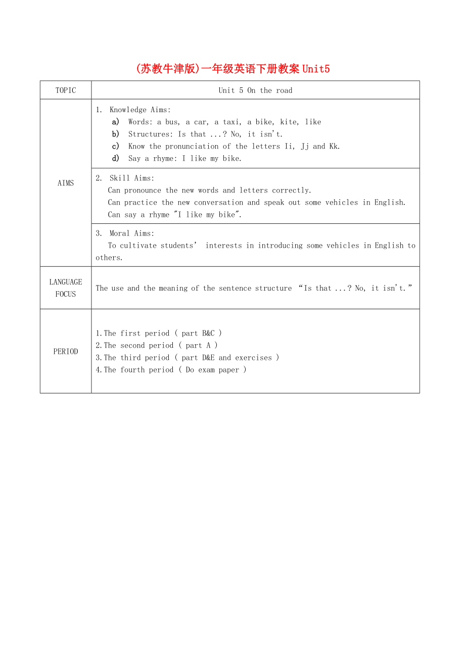 一年級(jí)英語(yǔ)下冊(cè) unit5教案 蘇教牛津版_第1頁(yè)