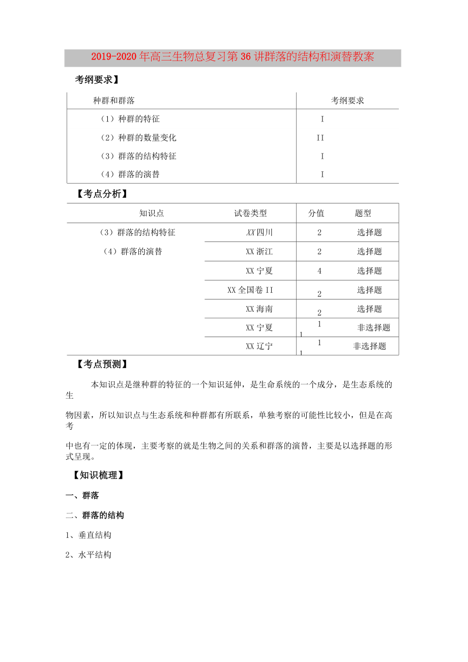 2019-2020年高三生物总复习 第36讲群落的结构和演替教案_第1页