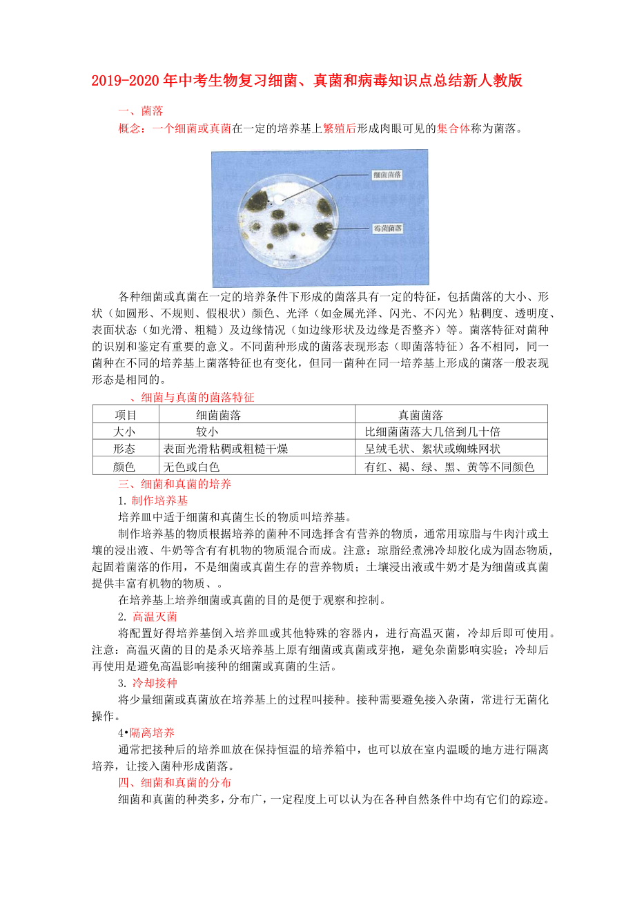 2019-2020年中考生物復(fù)習(xí) 細菌、真菌和病毒知識點總結(jié) 新人教版_第1頁