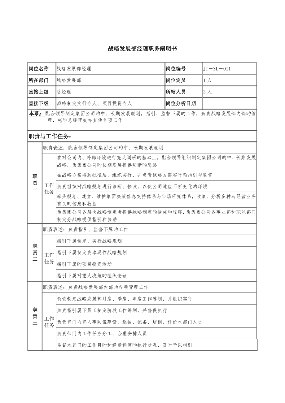 战略发展部经理岗位专项说明书_第1页