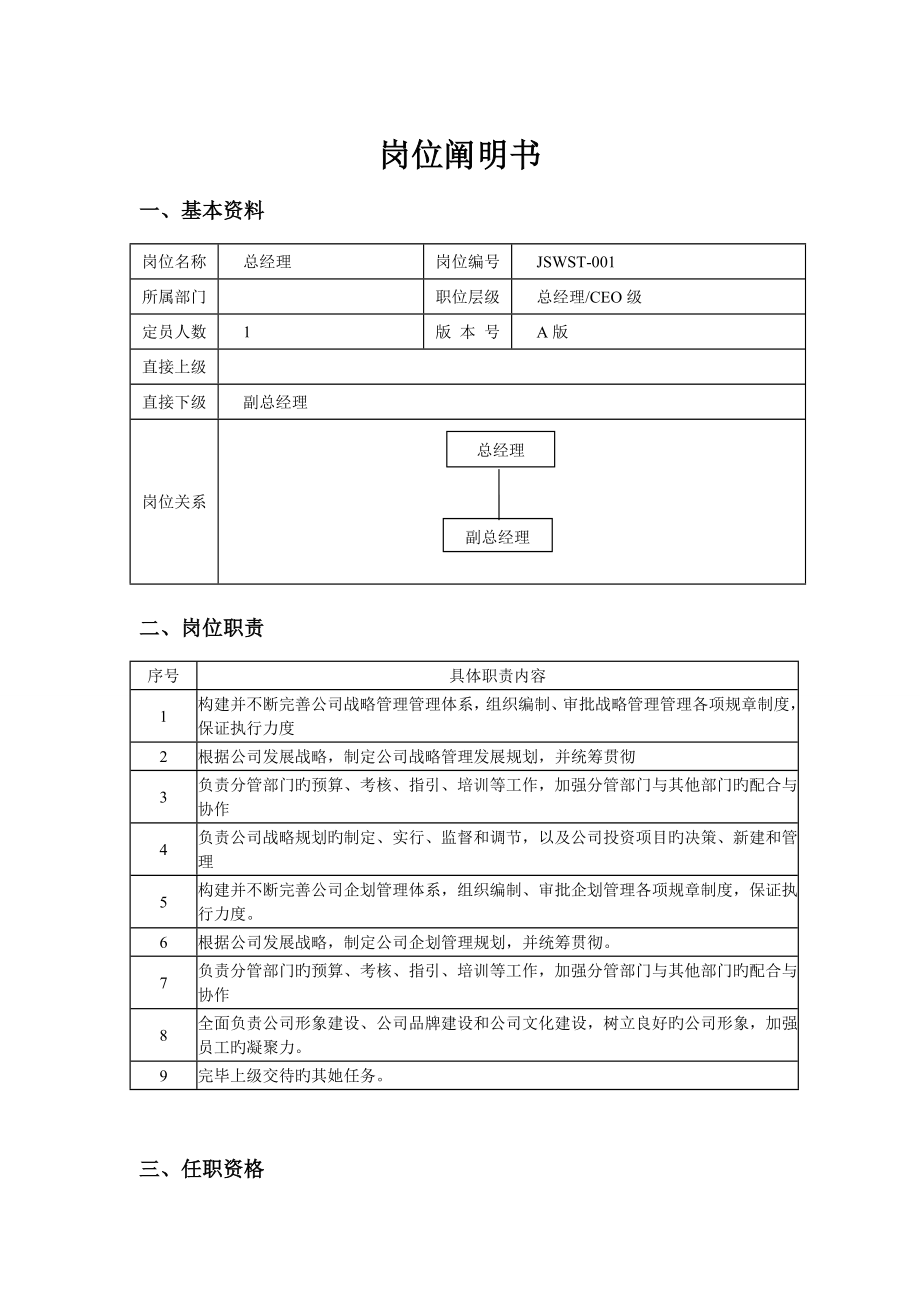 总经理的岗位专项说明书_第1页